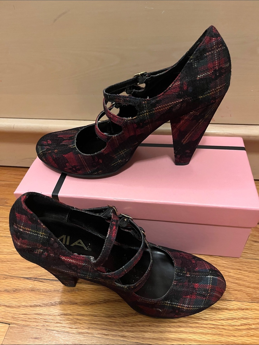 MIA Red and Black Plaid Triple-Strap Heels